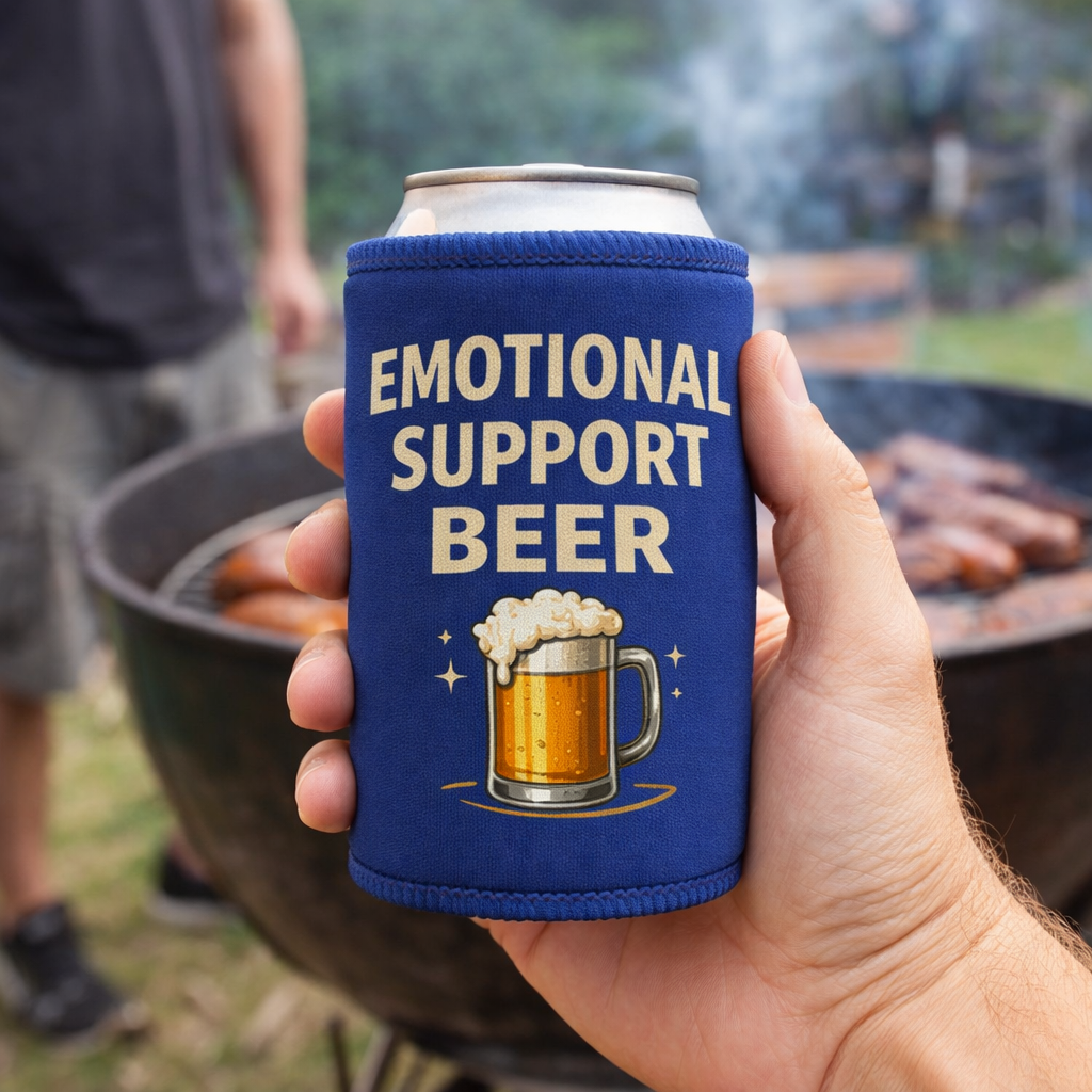 Hand holding a can with an 'Emotional Support Beer' koozie at a barbecue. Stubby Holder