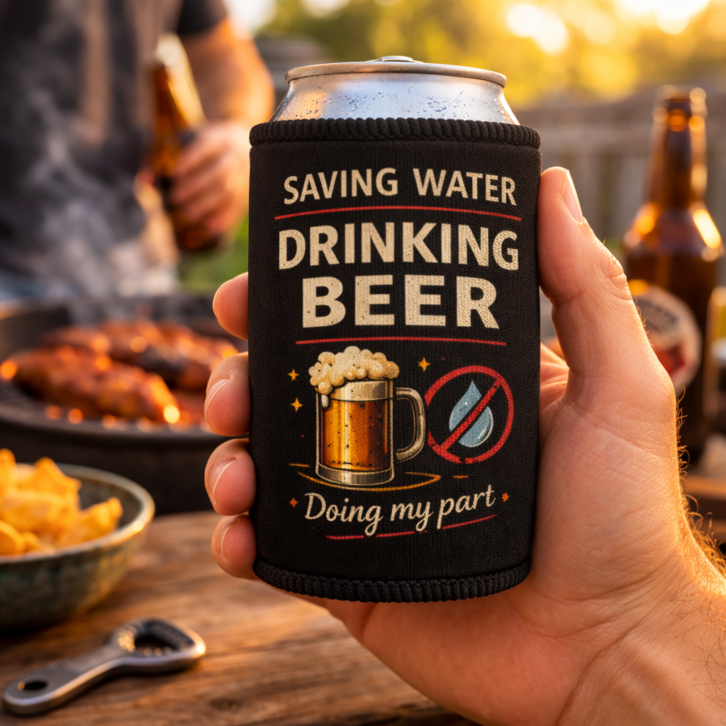 Hand holding a can with a 'Saving Water Drinking Beer' sleeve at an outdoor gathering.