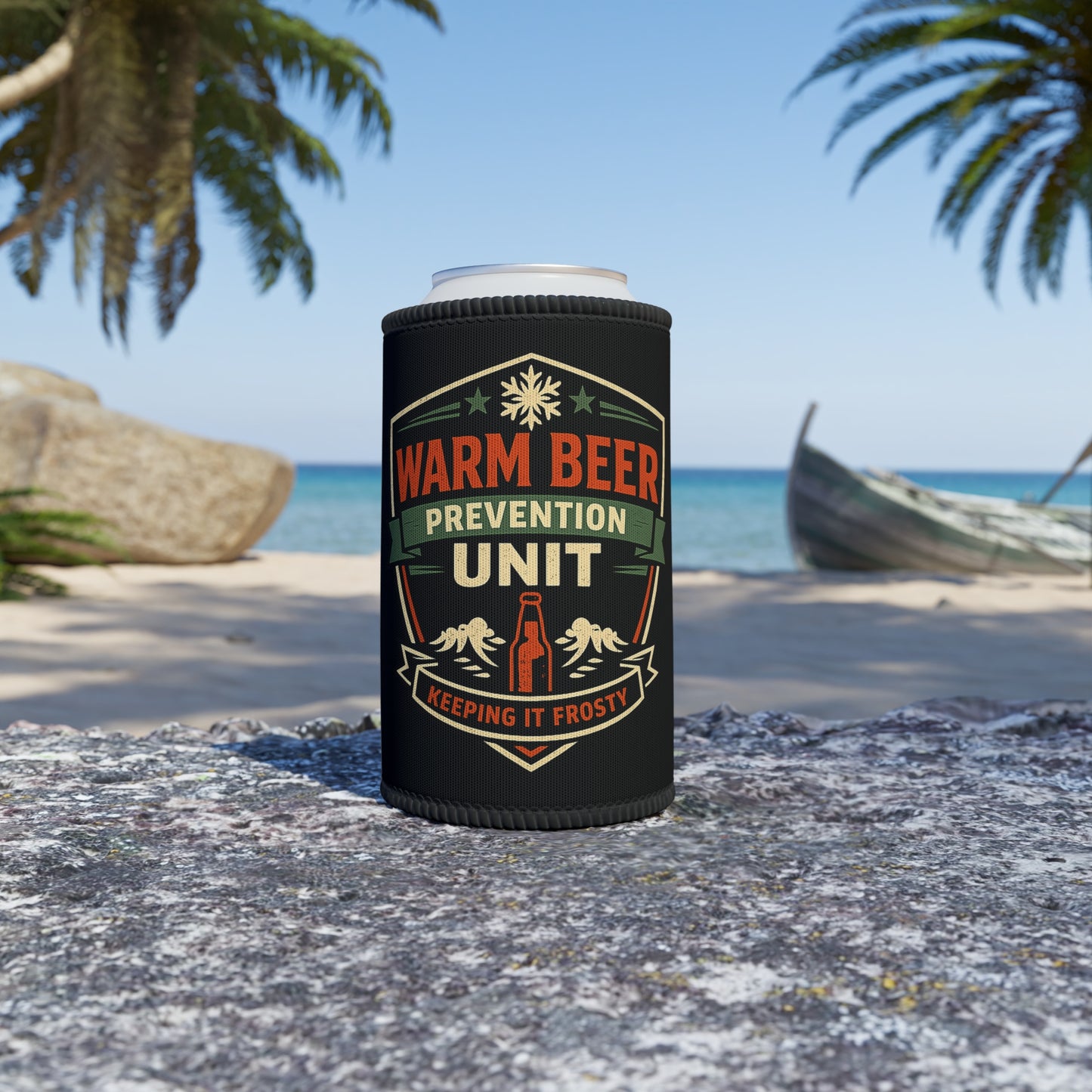 Stubby Holder with 'Warm Beer Prevention Unit' design on a beach