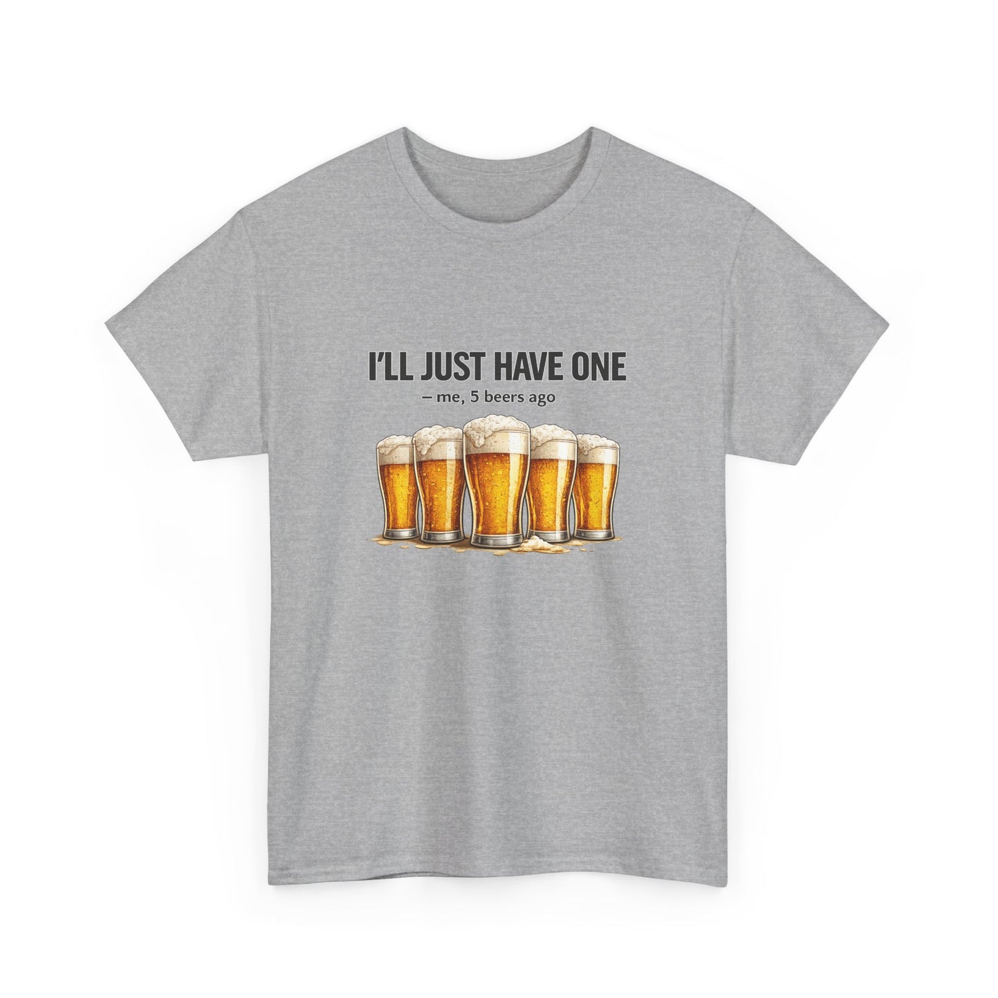 Gray t-shirt with beer graphic and text on a white background